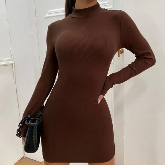 Mock Neck Ribbed Bodycon Dress - Picture 3 of 4